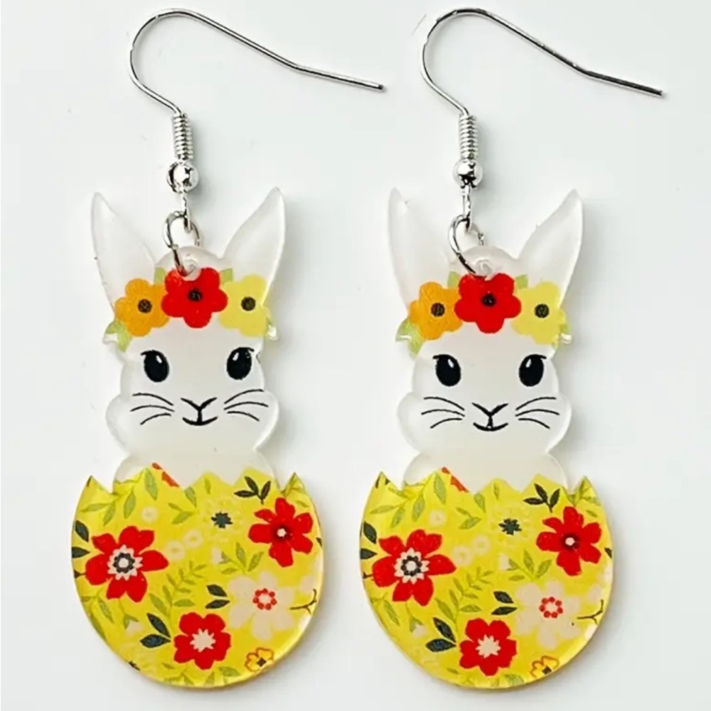 Red & Yellow Floral Egg Bunny Dangle Earrings